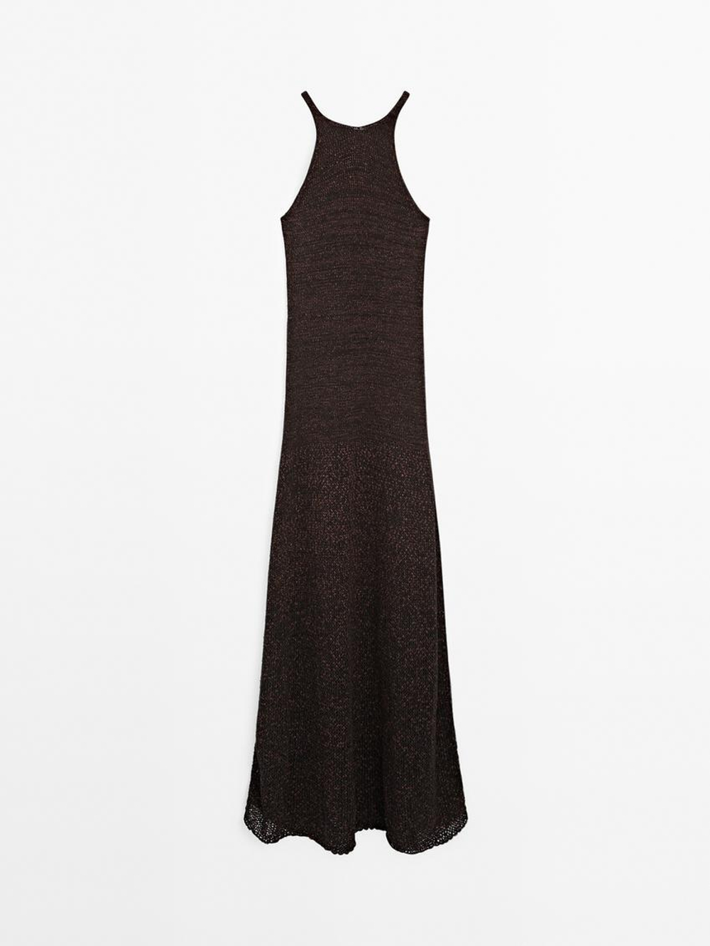 Massimo Dutti Длинное трикотажное платье из смесового хлопка, коричневый