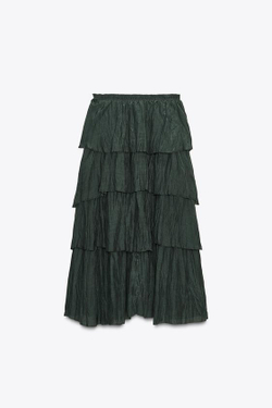 ZARA ЮБКА МИДИ С ВОЛАНАМИ — ZW COLLECTION, ТЕМНО-ЗЕЛЕНЫЙ