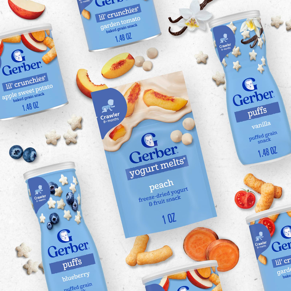 Gerber, Puffs, злаковые подушечки, для малышей от 8 месяцев, вкус персика, 42 г (1,48 унции)
