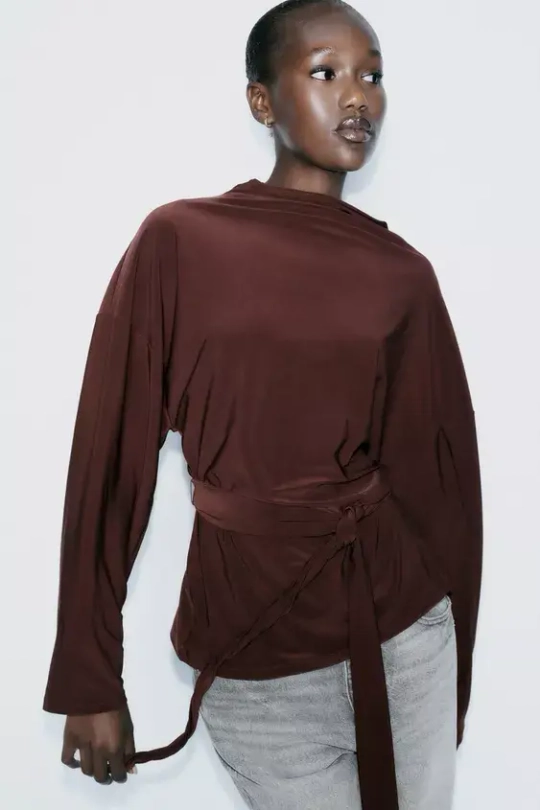 ZARA ТОП С ДРАПИРОВКОЙ И ПОЯСОМ, ГРАНАТОВЫЙ
