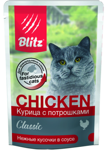 Влажный корм для кошек Blitz Classic Chicken & Inners in Gravy Adult Cat All Breeds курица с потрошками 0,085кг. В комплекте 24шт
