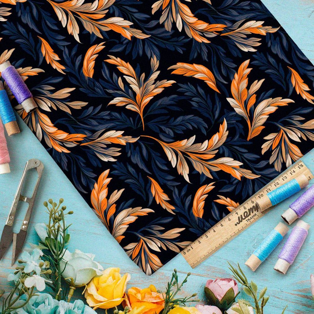 Ткань премиум атлас фантазийные листья