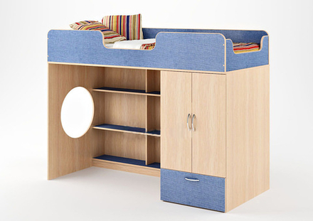 Кровать-чердак КарИВи Легенда 3  Дуб Молочный Светло-синий, голубой