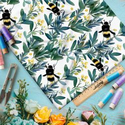 Ткань премиум сатин насекомые в зеленых веточках