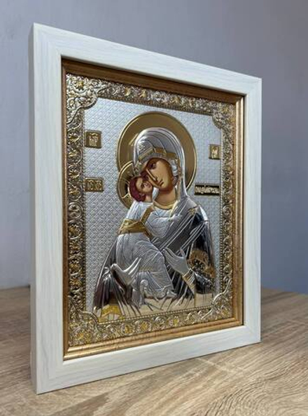 Владимирская БМ, икона прямоугольная в рамке под стеклом, белое дерево 232х280