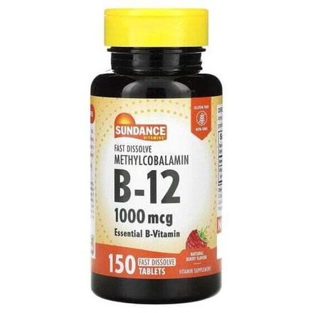 Витамины группы B Sundance Vitamins, быстрорастворимый метилкобаламин (витамин B12), со вкусом натуральных ягод, 1000 мкг, 150 быстрорастворимых таблеток