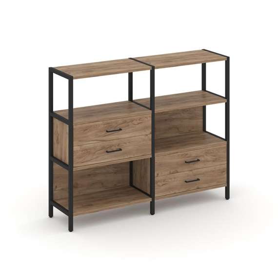 Shelf System Двухсекционный стеллаж трехярусный с ящиками SN.STM-323 Дуб Табак/Металл Черный 1590*40