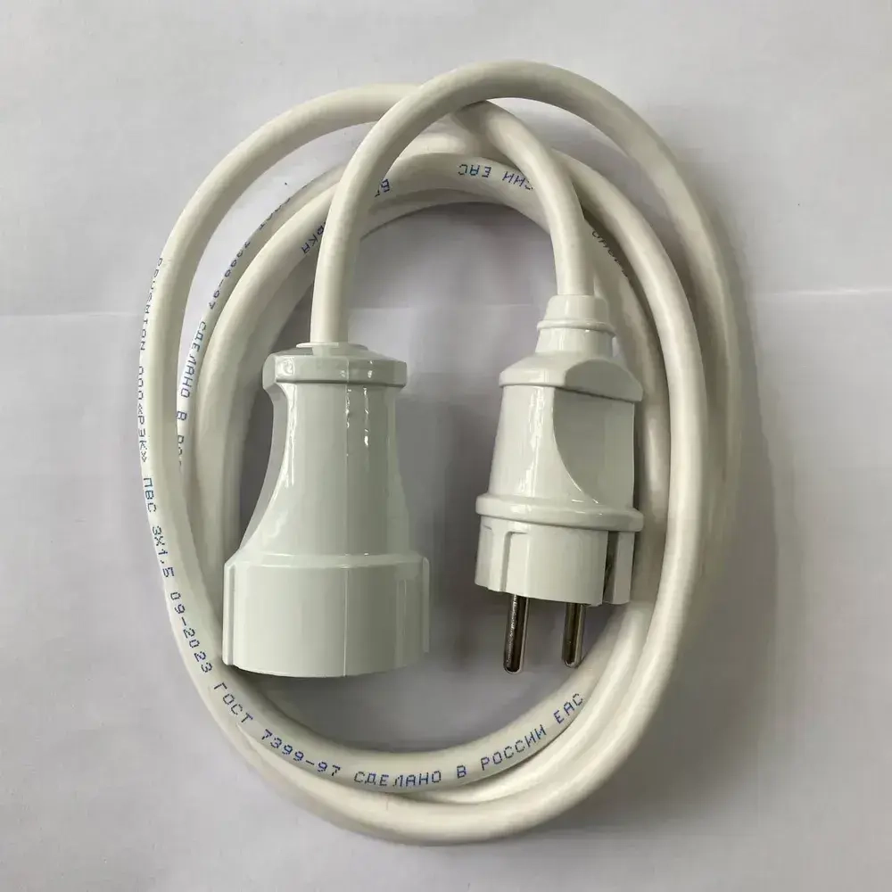 Удлинитель сетевой 2м с заземлением с одной розеткой IP20 16А ПВС ГОСТ 3х1,5 удлинитель бытовой, белый