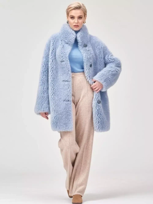 Шуба из шерсти чебурашка тедди экошуба, голубая, SilverFox