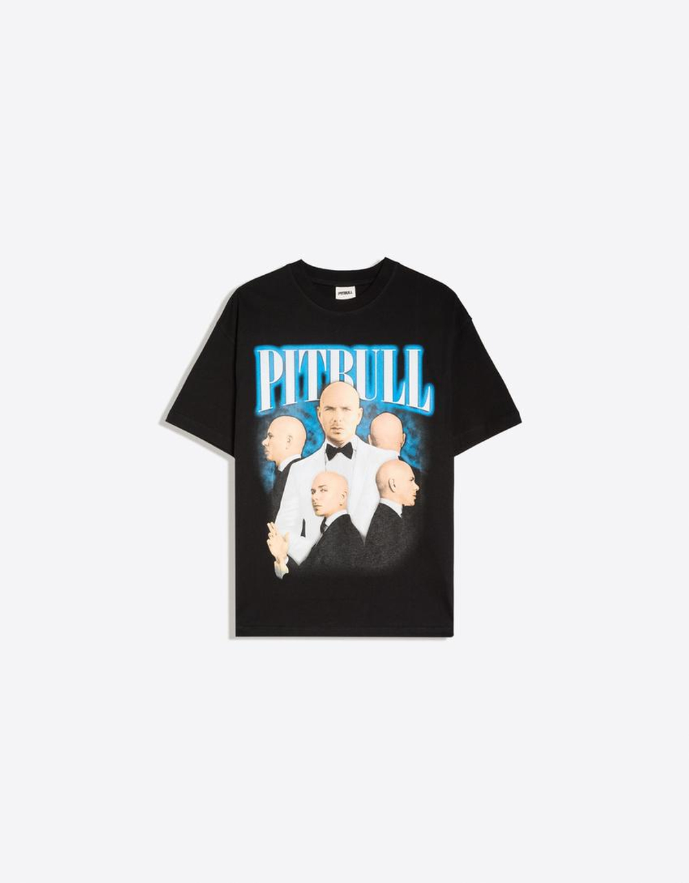 BERSHKA Футболка оверсайз с принтом Pitbull, черный