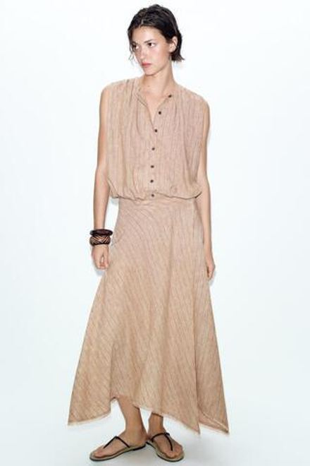 ZARA ЮБКА АСИММЕТРИЧНОГО КРОЯ В ПОЛОСКУ, СВЕТЛО-КОРИЧНЕВЫЙ