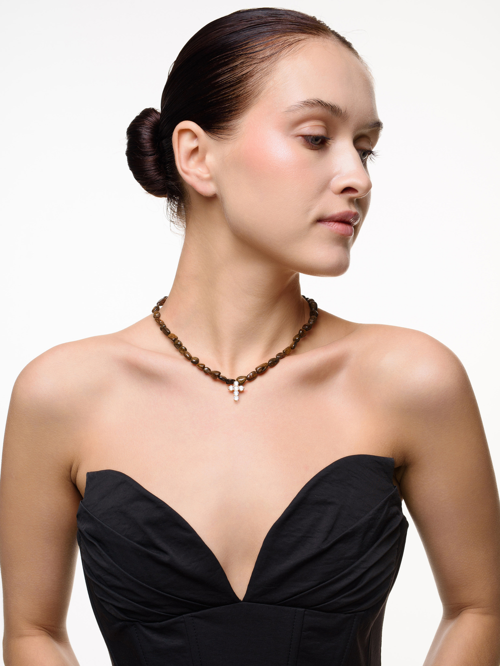 Колье "Elegant cross brown" Gold