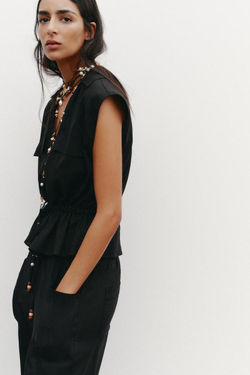 ZARA ТОП В СТИЛЕ САФАРИ С ПОЯСОМ ИЗ ЛЬНА, ЧЕРНЫЙ