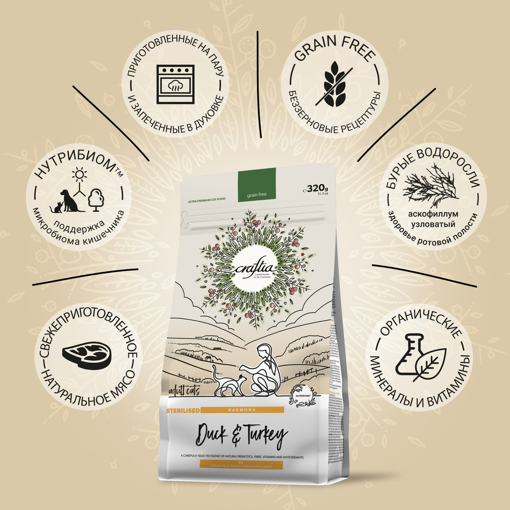 CRAFTIA HARMONA Сухой корм CRAFTIA HARMONA для стерилизованных кошек из утки и индейки 320 г