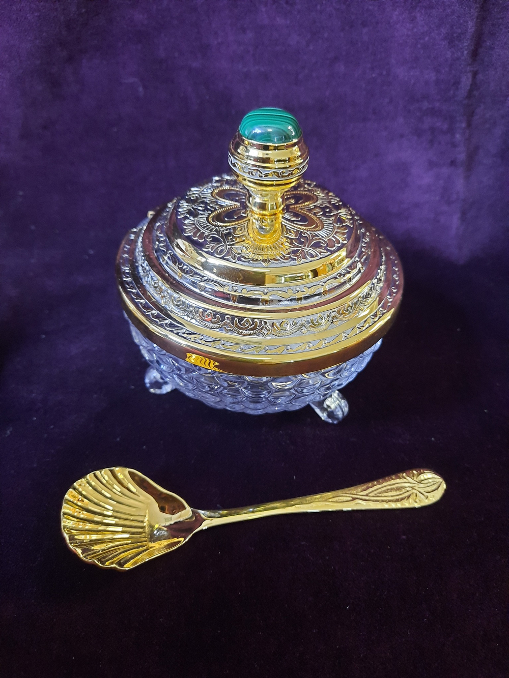 Икорница "Осётры", золото, хрусталь, никель, латунь