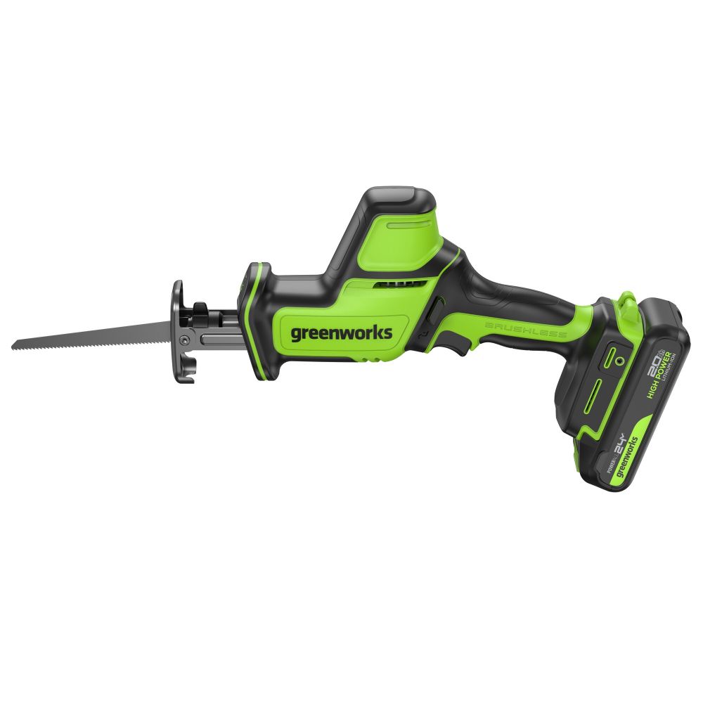 Пила сабельная акк. Greenworks GPT-CRS-25, 24V, б/щет, 0-3000/мин, рез 80 мм дер., LED, 1х2Ач,ЗУ,кор (1200507CUA)