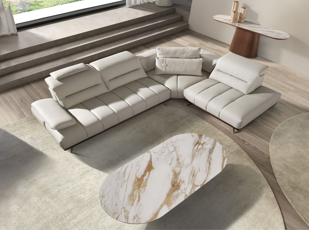 Угловой диван с правым шезлонгом 6244 из светло-серой кожи