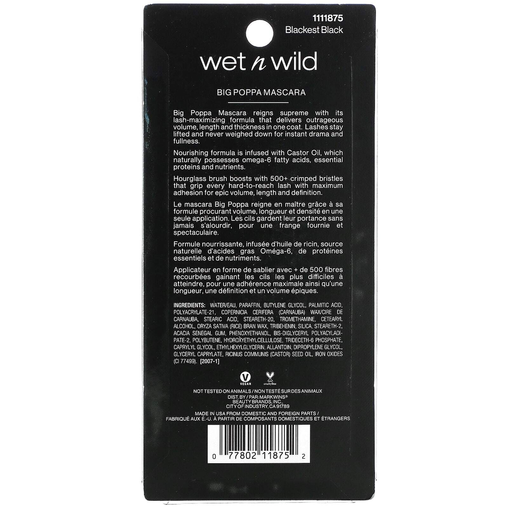 wet n wild, Big Poppa Mascara, 1111875 Blackest Black, 10 мл (0,33 жидк. унц.)
