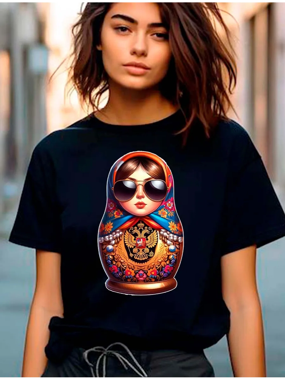 Футболка черная матрешка с гербом