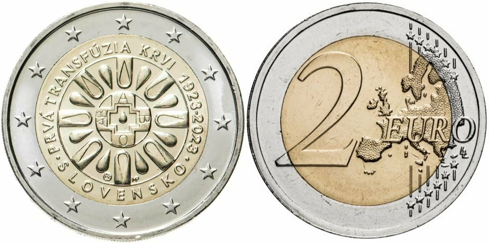 Словакия 2 евро, 2023 100 лет первому переливанию крови в Словакии