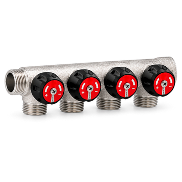 Коллектор Rommer 3/4"х1/2" на 4 отвода «плоское уплотнение» с запорно-регулирующими клапанами RMB-00