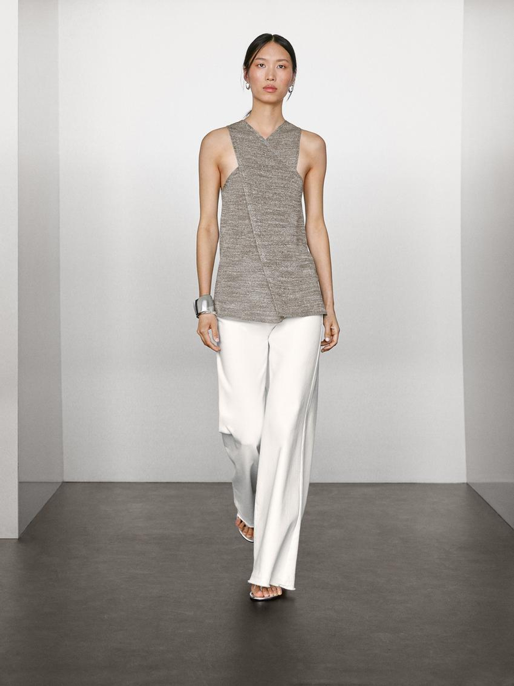 Massimo Dutti Двубортный топ из льняной смеси с воротником-халтер, серый