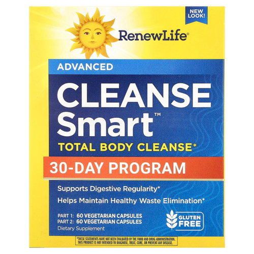 Renew Life, Cleanse Smart™, средство для полного очищения организма, 2 флакона, 60 вегетарианских капсул