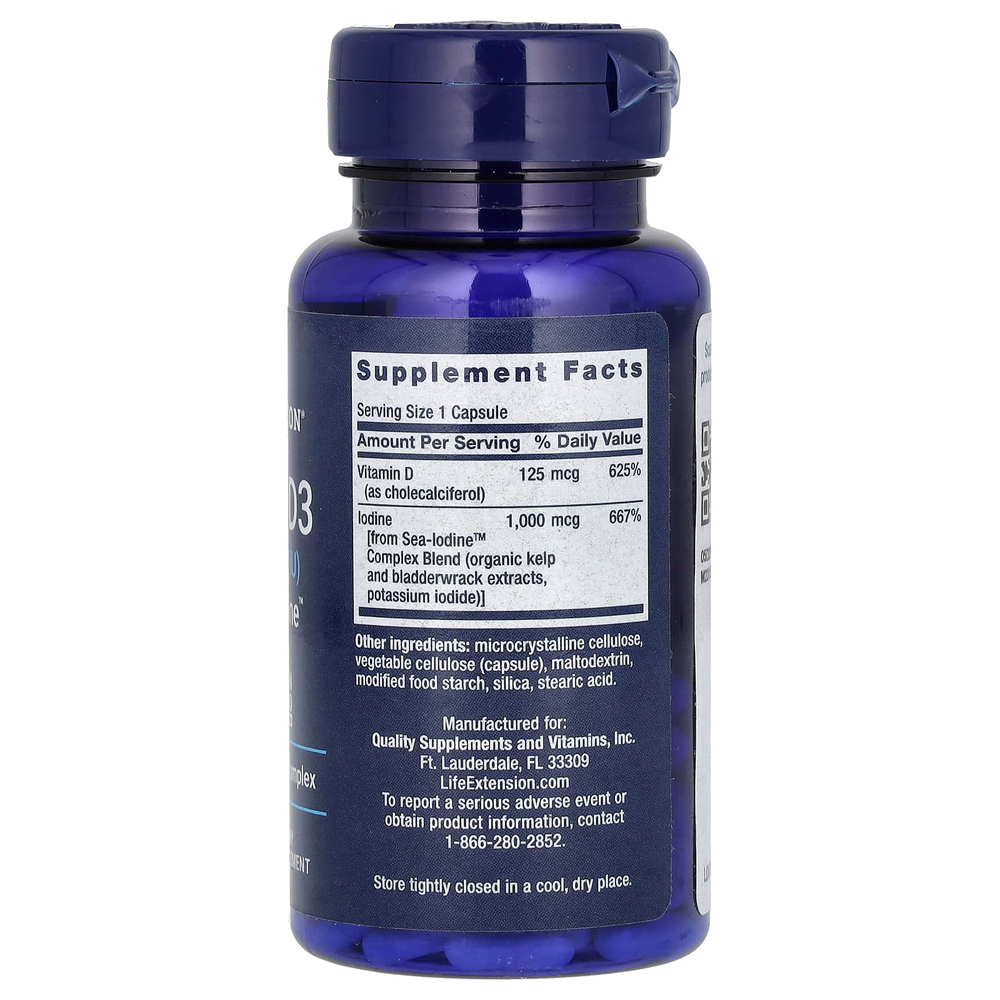 Life Extension, витамин D3 с Sea-Iodine, 125 мкг (5000 МЕ), 60 капсул