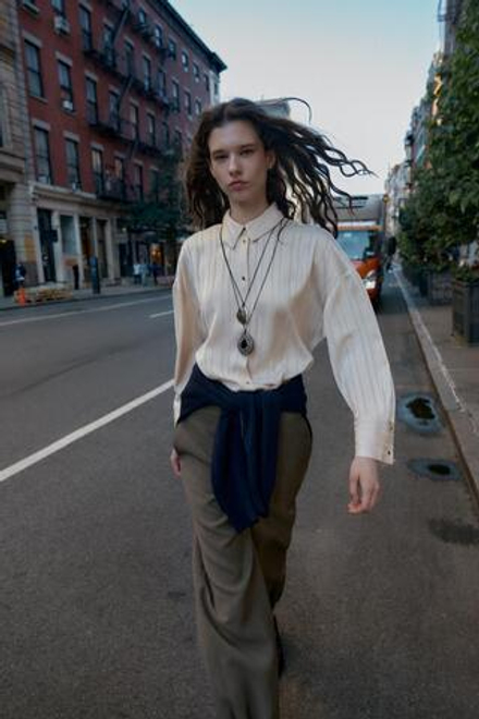 ZARA РУБАШКА OVERSIZE В ПОЛОСКУ, ЭКРЮ