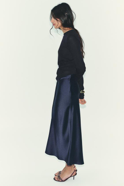 ZARA АТЛАСНАЯ ЮБКА МИДИ, МОРСКОЙ СИНИЙ