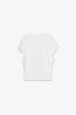 ZARA ФУТБОЛКА С РУКАВАМИ-ВОЛАНАМИ, БЕЛЫЙ