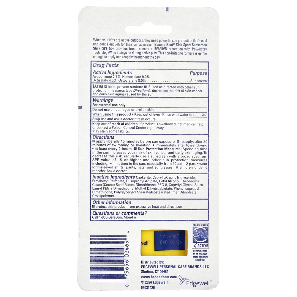 Banana Boat, Kids Sport, солнцезащитный стик, SPF50 +, 14,2 г (0,5 унции)