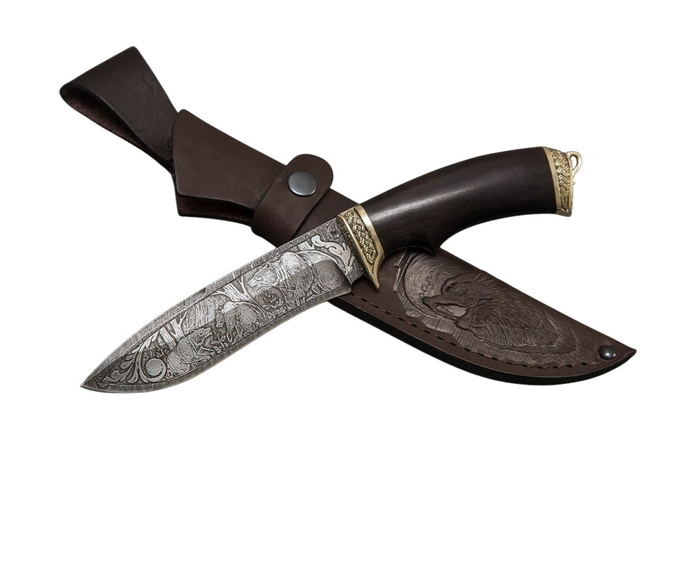 Нож кузница Семина Скиф, дамаск, литье, гравировка, рукоять из ценных пород дерева