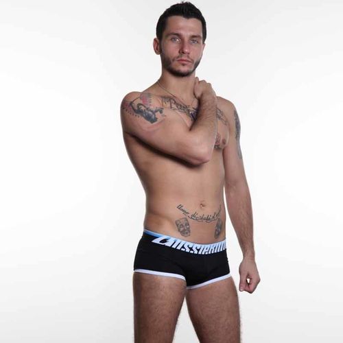 Мужские трусы хипсы черные Aussiebum с голубой резинкой  AB00188