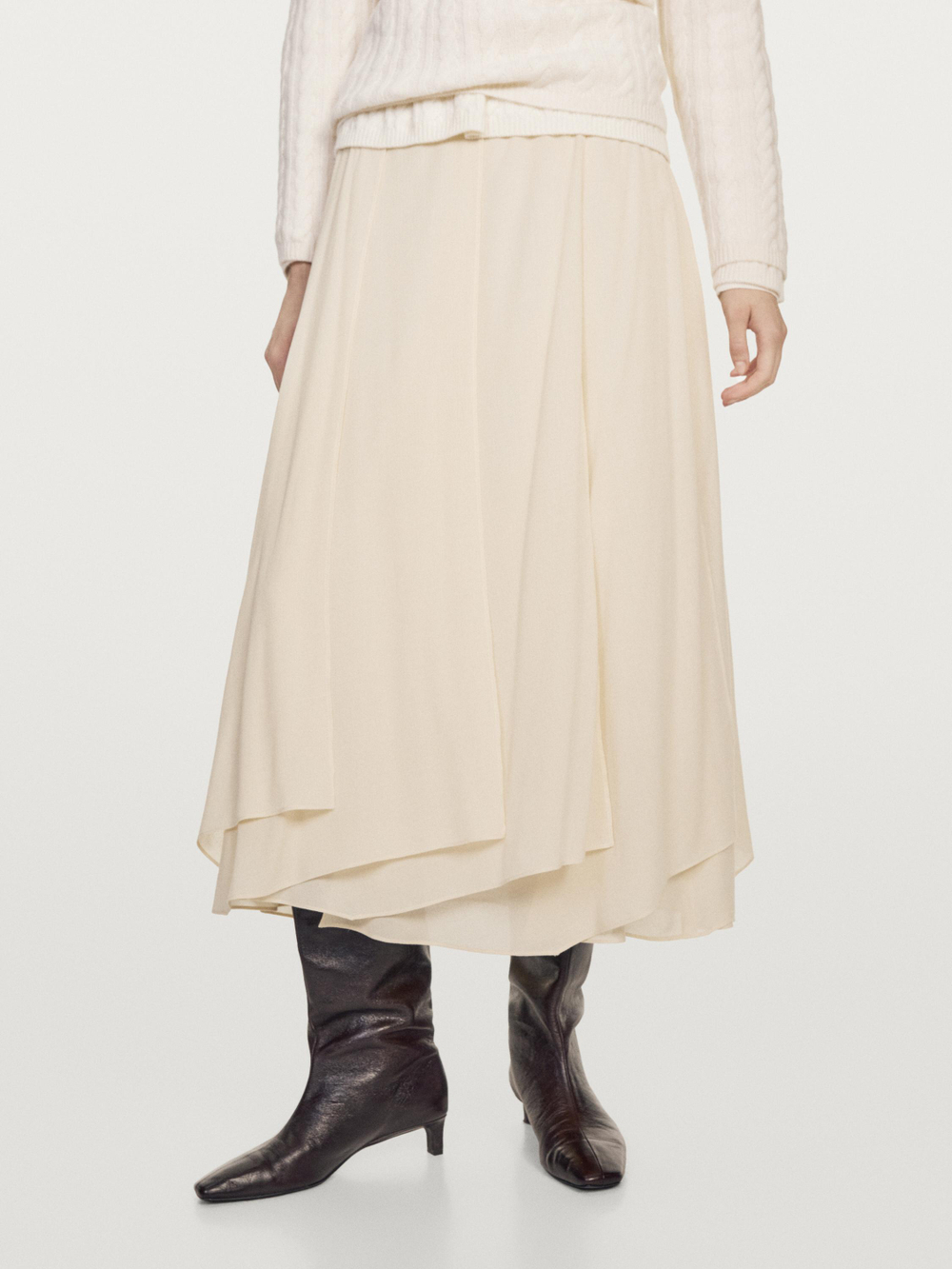 Massimo Dutti Струящаяся юбка миди с оборками, кремовый