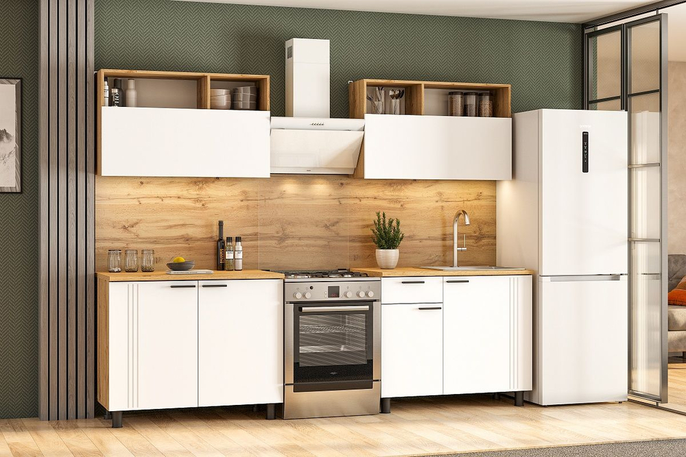 Кухонный гарнитур Монако 2.0 м Серия 2 МДФ с фрезеровкой (Дуб Золотой/Белый матовый)