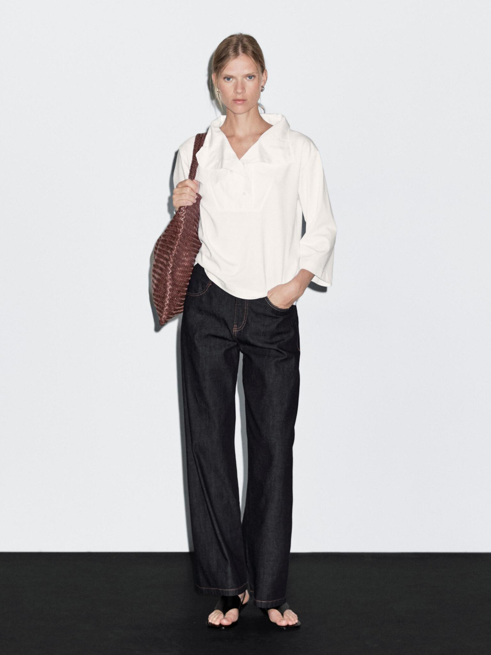 Massimo Dutti Джинсы из 100% хлопка с широкими штанинами и средней посадкой, темно-серый