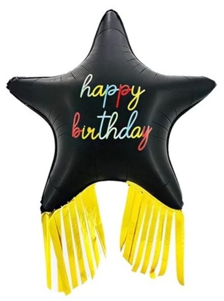 Звезда "Черная Happy Birthday с золотой бахромой"
