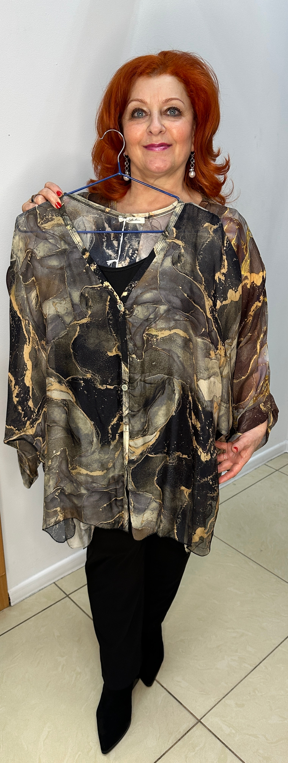 Двойка: итальянский шифоновый блузон с коричневой трикотажной маечкой