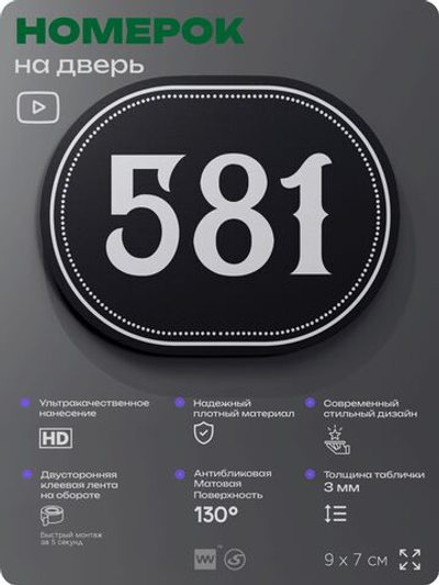 Номерок на дверь квартиры 581, для кабинета, офиса, шильдик 9 х 7 см, черный, Айдентика Технолоджи