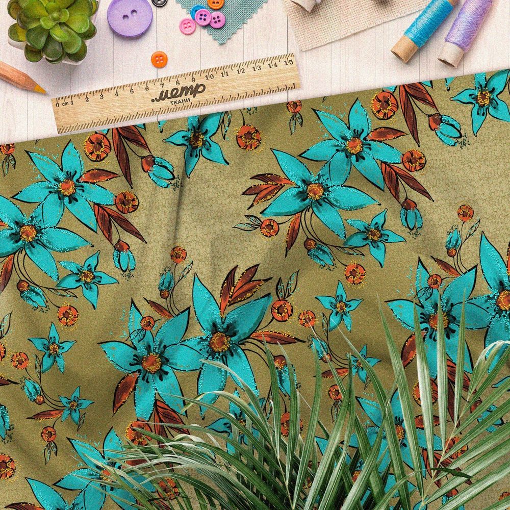 Ткань барби голубые цветы пять лепестков