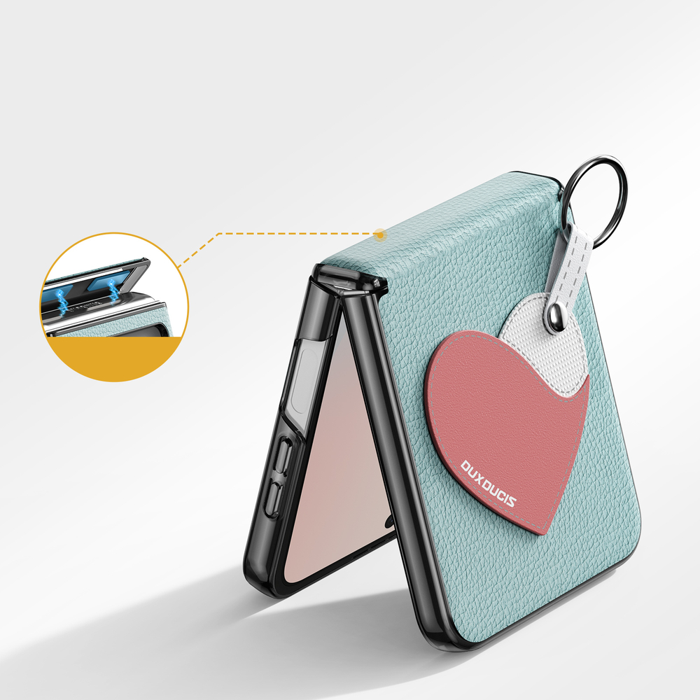 Чехол синего цвета (Love Edition - Cyan Blue) из искусственной кожи от Dux Ducis для Samsung Flip 7 FE (W25 Flip) и Flip 6, серия Luvy Series Case