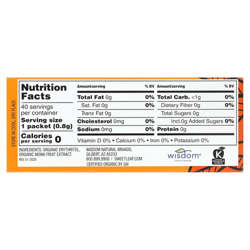 SweetLeaf Stevia, Органический подсластитель в гранулах с фруктами монаха, 40 пакетиков по 0,8 г (0,28 унции)