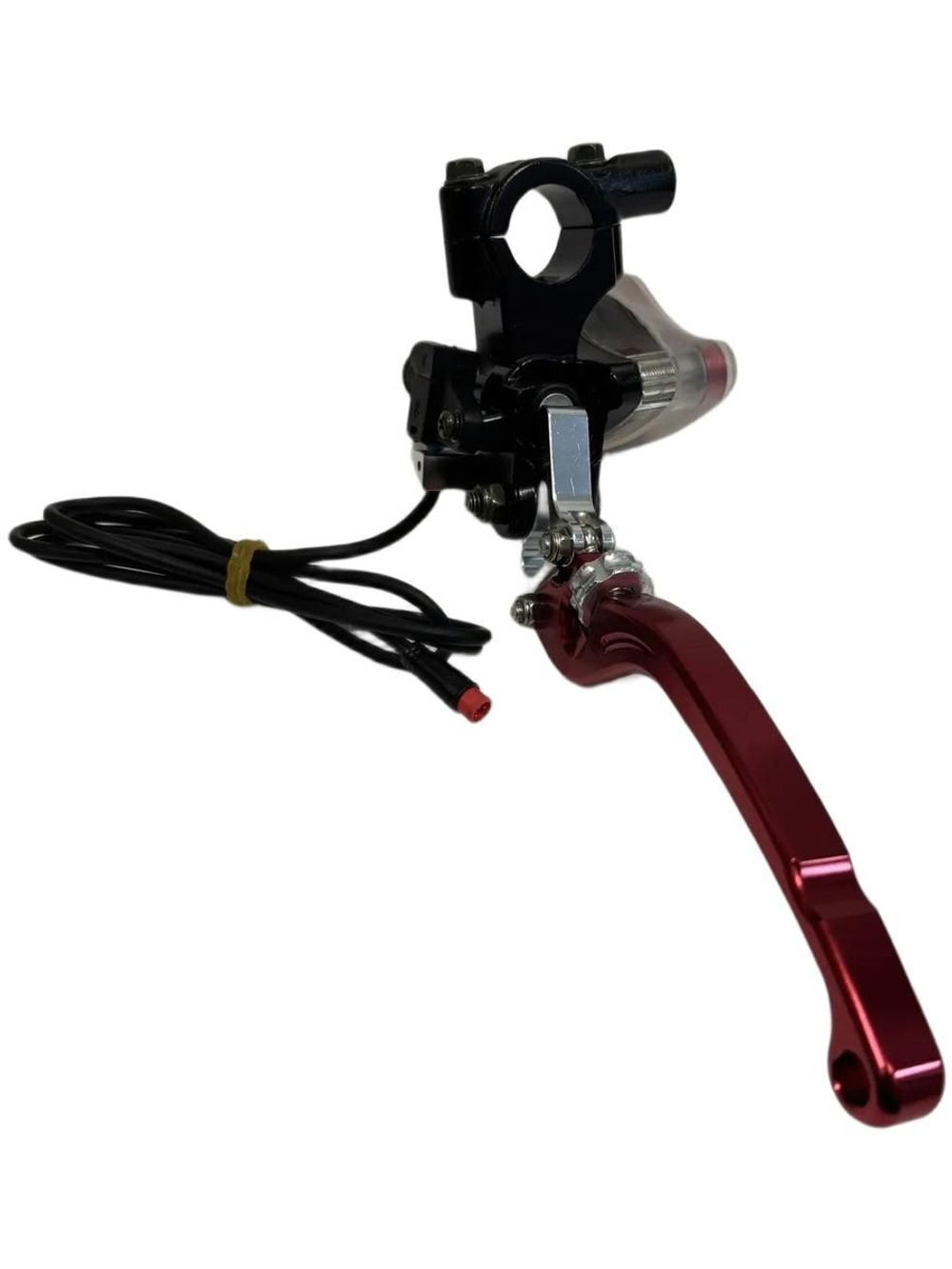 Ручка тормоза правая красная (перепускной болт М10) с датчиком (julet 2pin) и креплением зеркала М8 для электровелосипедов