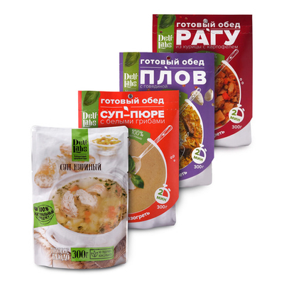 Набор 4шт, Готовый обед на два дня: Куриный, Суп-пюре - Плов, Рагу из курицы (DeliLabs)