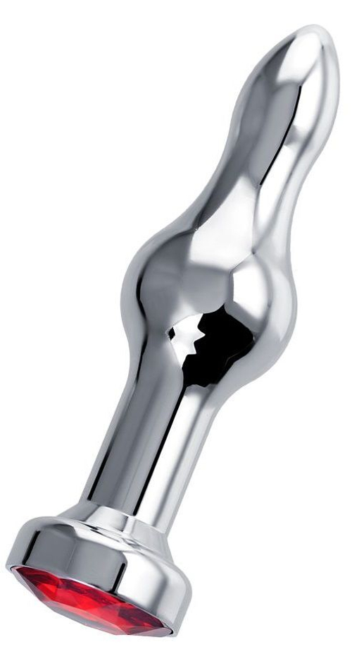 Серебристая удлиненная анальная пробка с красным кристаллом - 10 см.