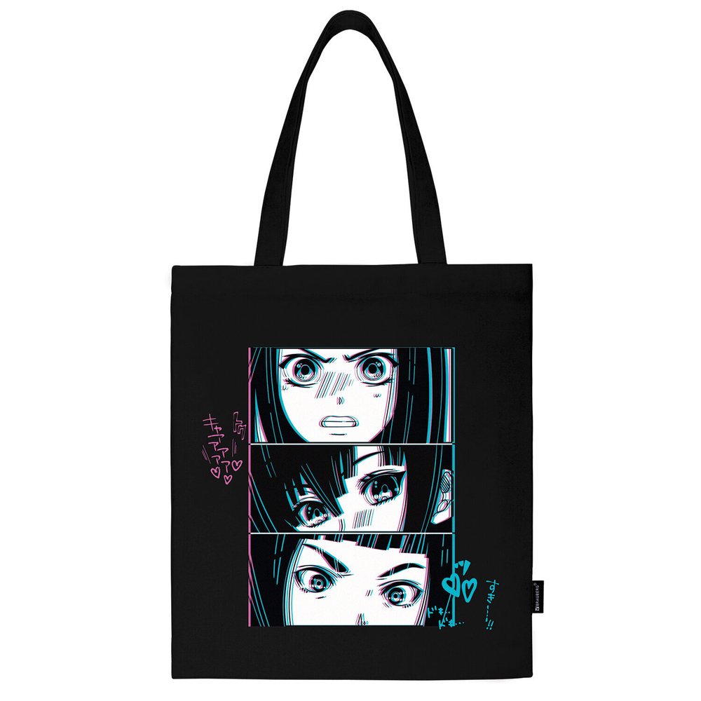 Сумка шоппер BRAUBERG PREMIUM канвас 40х35 см на кнопке карман черный "Anime face" (2 штуки в упаковке)