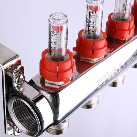 Коллекторный блок Valtec 1"x3/4" 6 выходов с расходомерами (нерж. сталь) VTc.589.EMNX.0606