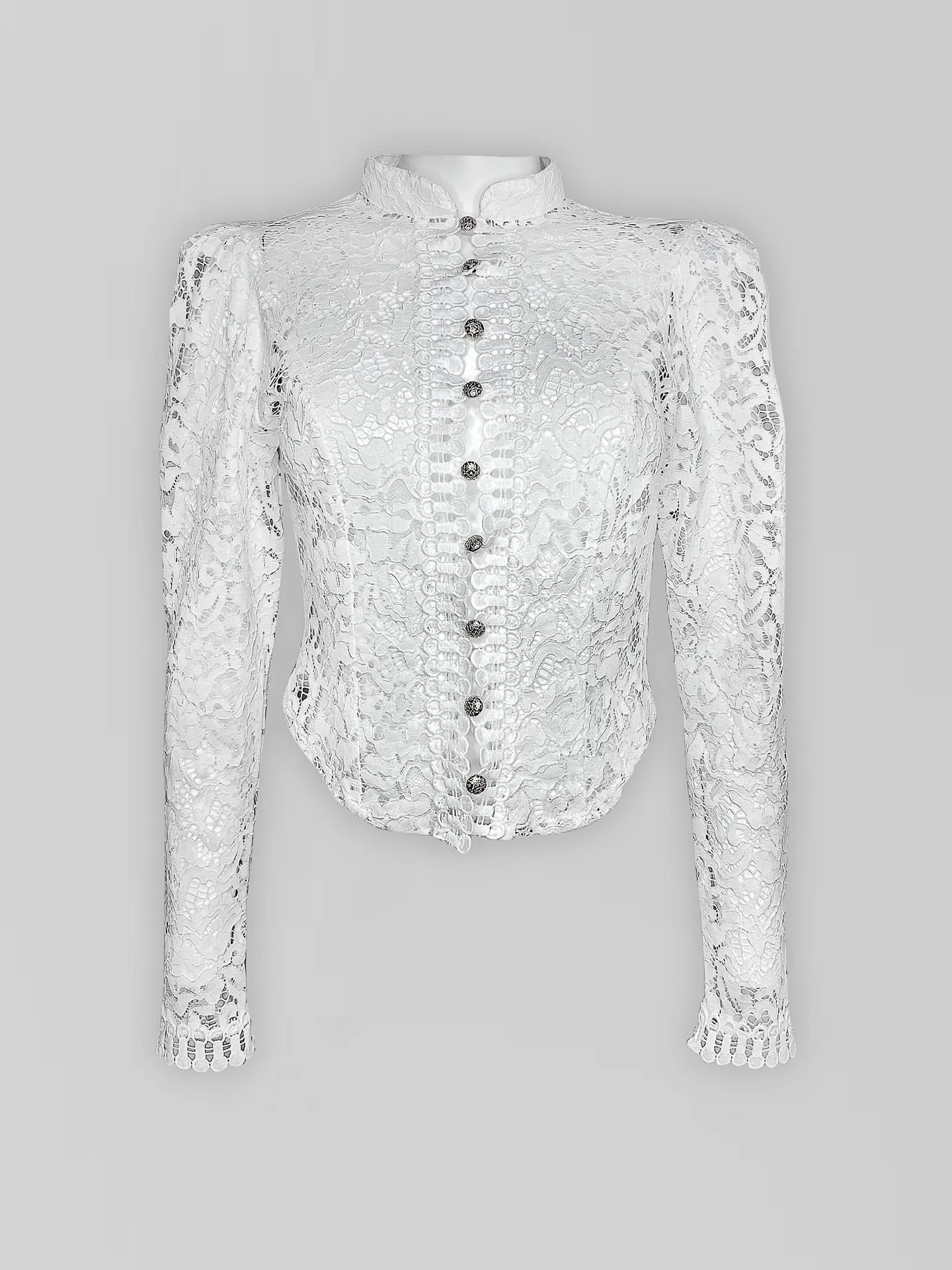 Блузка BD colleсtion однотонная приталенная из гипюра на золотых пуговицах