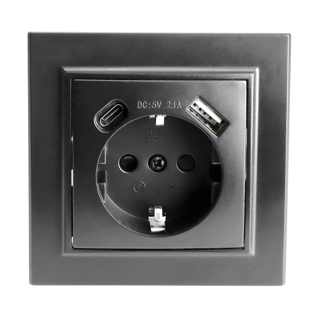 Розетка 1-местная с/з STEKKER, PST16-9016-03, 250В, 16А с USB+ type C, серия Эрна, черный 50078